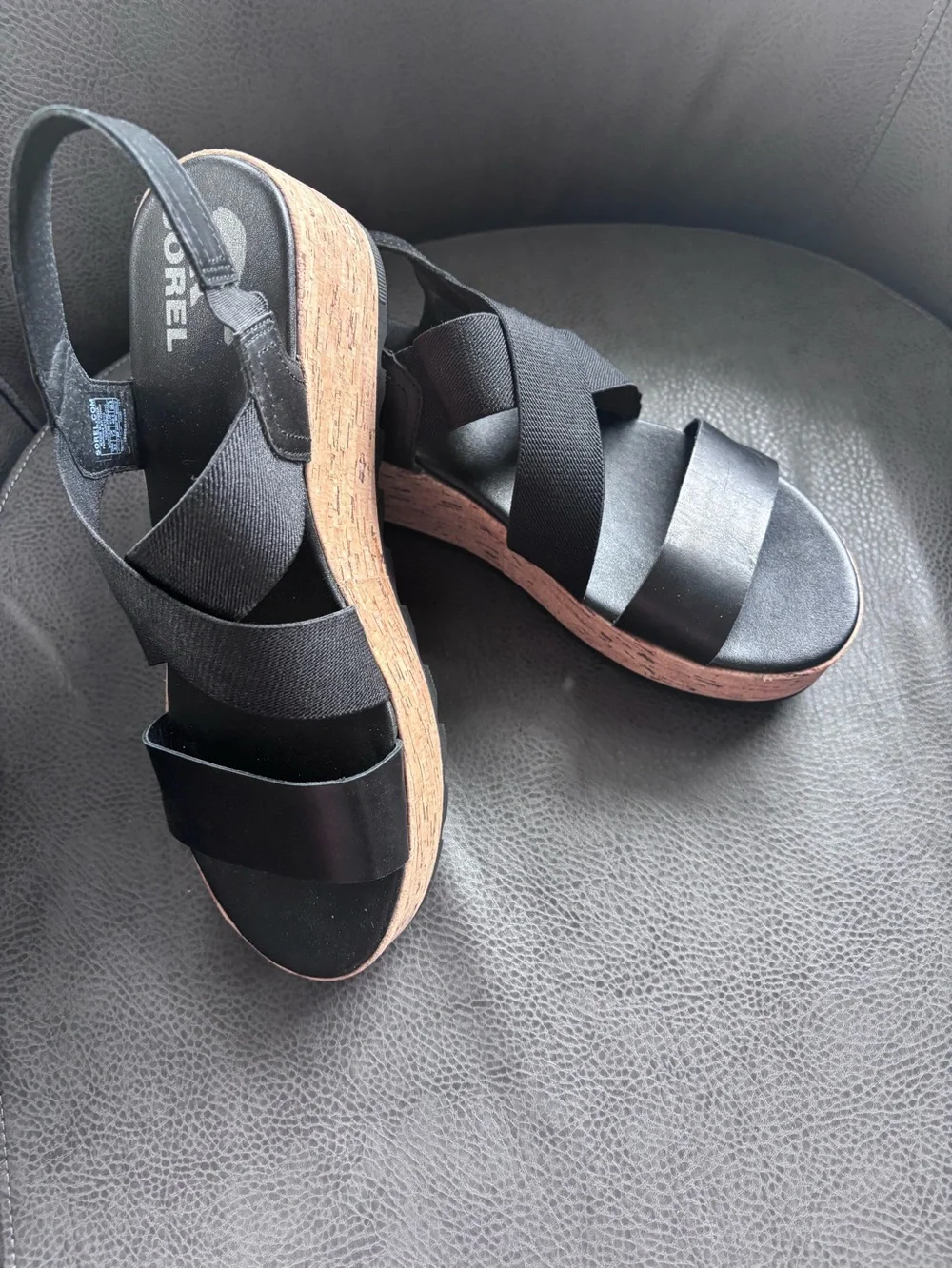 Sorel Black Platform Cork-Style Sandals